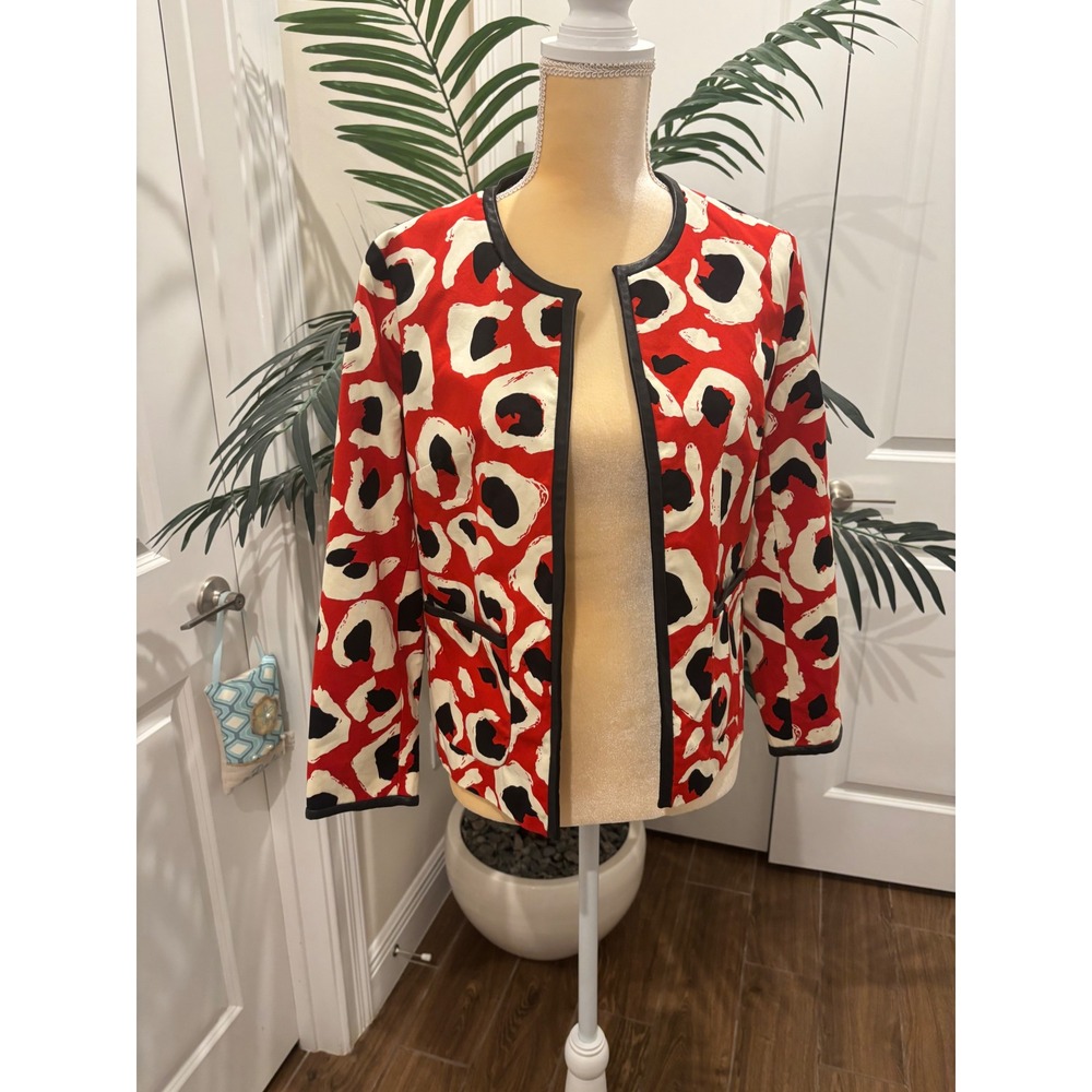 Gucci Red Abstract Print Leather Trim Collarless Open Front Jacket Size M (Sz 8)